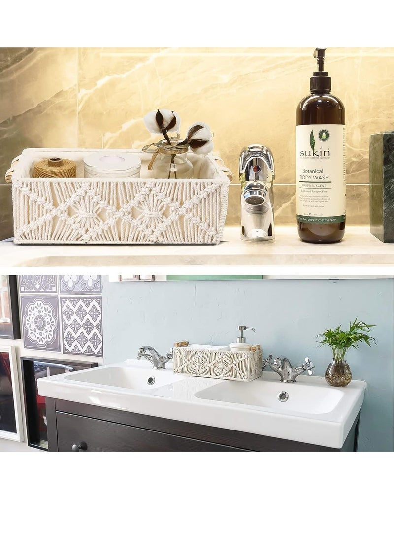 بيوينتي سلال تخزين مكراميه، صناديق زخارف بوهو يدوية الصنع، سلال منسوجة تزيينية لطاولات وخزانات المرحاض والأرفف والخزائن، منظِّم للغرف المعيشة والنوم والمطبخ، مجموعة من قطعتين باللون العاجي. - Image 5